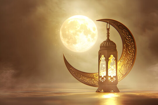 golden lantern and moon over the golden Muslim crescent background, Islamic greeting Eid Mubarak cards for Muslim Holidays