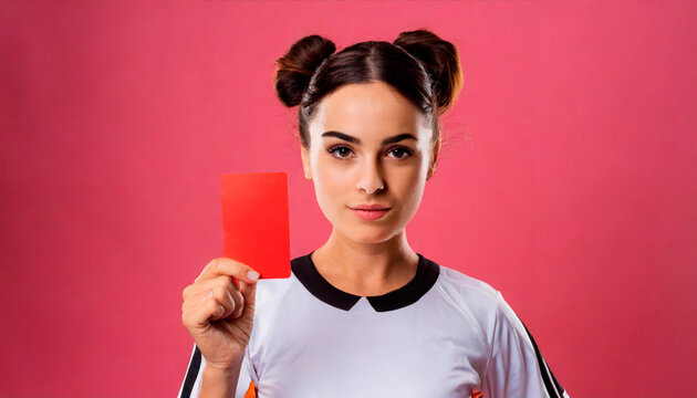 Close-up front image of smiling female soccer referee showing red card, isolated on red background
