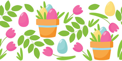Washi tapes. Easter pattern of tulips and flower pot with decorative eggs in cartoon style. Seamless horizontal banner.
