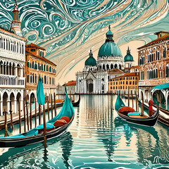  pattern inspired by Venice, featuring gondolas, canals, and heart-shaped reflections on the water.