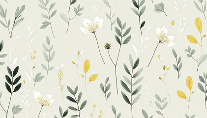 floral wallpaper pattern with white, yellow, and green flowers and leaves on light green background