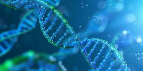 DNA molecules, spiraling gracefully, against a gradient blue background. The DNA strands are highlighted with neon green and blue accents, showcasing a close-up view, Generative AI