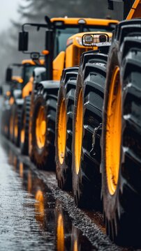 A Row of Yellow Tractors Creating Congestion on Wet Roads, Close-Up View of the Traffic Jam Caused by Agricultural Vehicles Blocking City Streets.