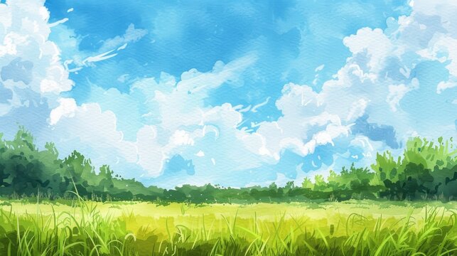 Watercolor green grass and blue sky with clouds