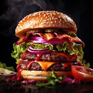 Big Double Beef Hamburger with Juicy Tomato and Crunchy Bacon