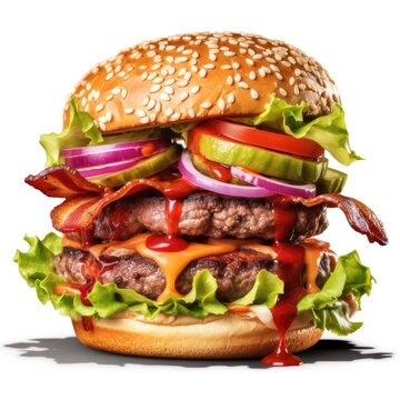 Big Double Beef Hamburger with Juicy Tomato and Crunchy Bacon