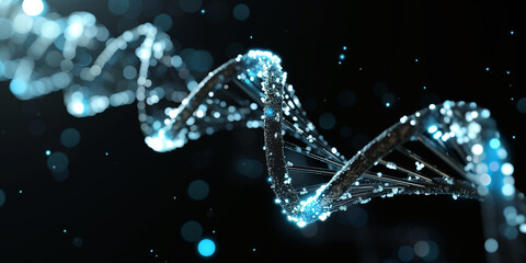 DNA molecule, magnified, with a focus on the double helix structure, against a minimalist black background. The molecule features electric blue and white highlights, Generative AI