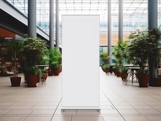 White roll up mockup poster stand in an shopping center - obrazy, fototapety, plakaty