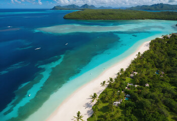 An aerial view of a white sandy beach, bird eye view