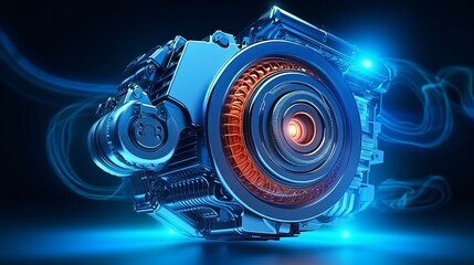 car engine with blue glow. Neural network AI generated art - obrazy, fototapety, plakaty