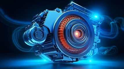 Poster car engine with blue glow. Neural network AI generated art © mehaniq41