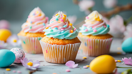 Easter-themed cupcakes with pastel sprinkles and chocolate eggs, perfect for spring and easter celebrations. - obrazy, fototapety, plakaty