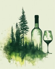 A Watercolor-Style Illustration Featuring a Green Glass Wine Bottle Amidst the Tranquility of Pine Trees, Blending Elegance with the Beauty of Nature.