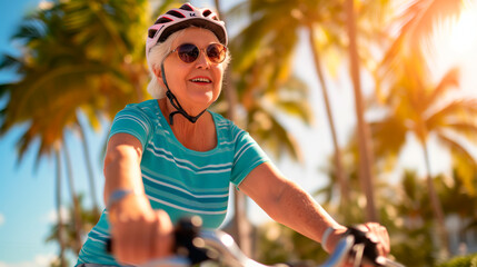Active senior woman biking under palm trees in sunlight.