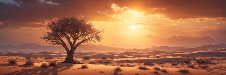Fototapeta na wymiar Captivating scenery: a lone tree silhouetted against the orange cloudy sky in the desert at sunset