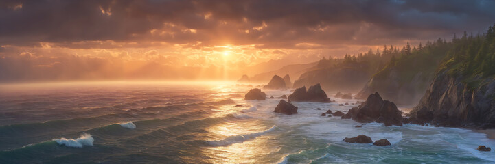 Obraz premium Serene outdoor beauty: the sun sets over a rocky coastline, painting the cloudy sky in orange colors, creating a picturesque landscape
