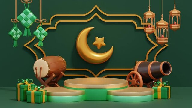 Islamic Decoration Background with Podium, Bedug Drum, Cannon, and Crescent Moon. 3D Animation