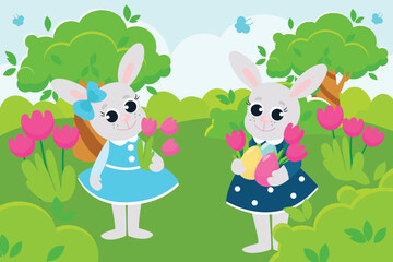 Obraz na płótnie Canvas Easter bunnies, two girls are on a green meadow with flowers in their paws. The bunnies are happy and will laugh merrily. Scene in cartoon style.