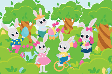 Easter bunnies boys and girls are having fun on a green meadow. The bunnies are happy and will laugh merrily. Scene in cartoon style.