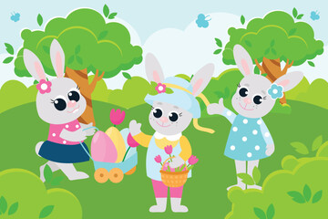 Easter bunnies girls in dresses have fun on a green meadow. Scene in cartoon style.