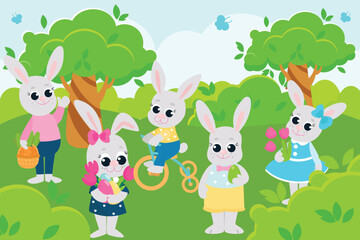 Easter bunnies boys and girls are having fun on a green meadow. Bunnies are dressed in dresses, pants and shirts. Scene in cartoon style.