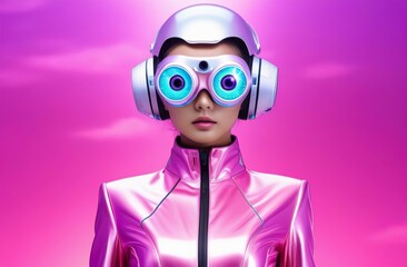 Concept of the future. Portrait of a girl in neon light wearing neon glasses on a futuristic neon pink and lilac background. Bright style, beauty concept.