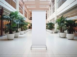 White roll up mockup poster stand in an shopping center