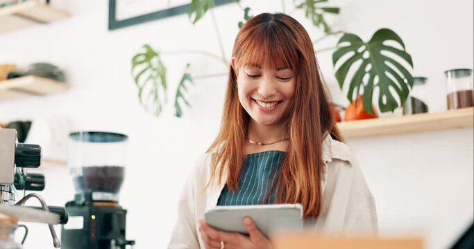 Barista, happy woman or tablet for coffee shop menu or online order or website in cafe. Small business owner, smile or waiter with technology for stock inventory or price checklist in startup store