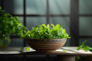 Fototapeta na wymiar Asian Green Herb Culinary Bowl Made By Clay Presented On Table, Copy Space