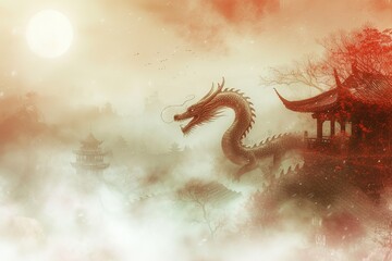 Dramatic backdrops depicting traditional Chinese landscapes with celestial dragons.