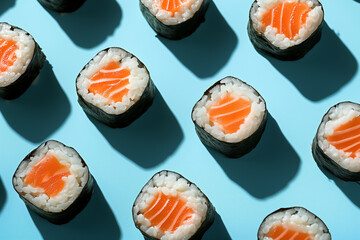 Salmon sushi makis pattern on blue background with shadows