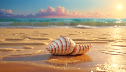 A peaceful day by the ocean: close-up of a seashell on the sandy beach with the sun setting on the horizon and a gentle sea breeze