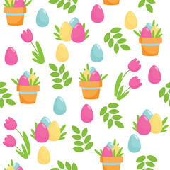 Seamless easter pattern. Pink tulips, decorative eggs in a flower pot and green leaves on a white background. Pattern for packaging and textiles.