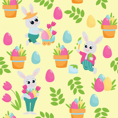 Seamless easter pattern. Easter bunnies among plants and decorative eggs in a cartoon style. Bunnies hold flowers, carry eggs in a cart and color them.