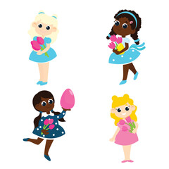 Easter set. Multicultural girls hold flowers and decorative eggs.