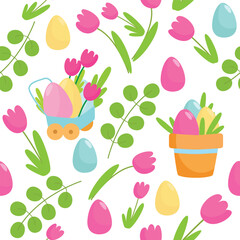 Seamless easter pattern. Easter basket with decorative eggs inside. Greenery and flowers on a white background in a cartoon style.