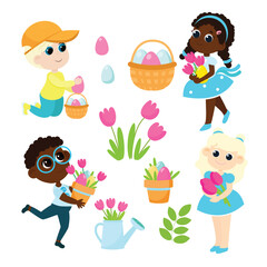 Easter set. Children hold flowers, decorative eggs and smile happily. Boys and girls are smiling happily.