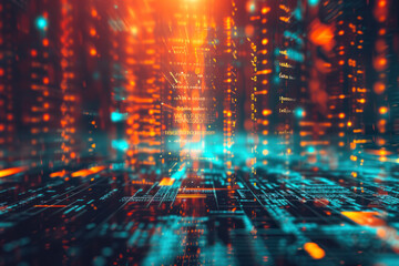 Obraz premium Abstract digital matrix background, a futuristic scene showcasing a digital matrix of intricate patterns and codes.