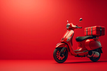 Red delivery moped on red background, advertising banner with empty space for text