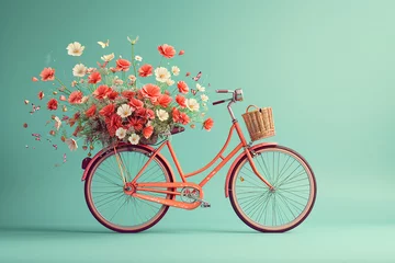 Tuinposter Retro orange bicycle with flowers flying out of blue background © Anna