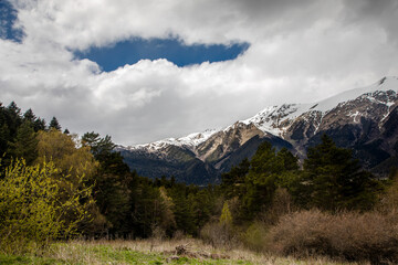 Naklejka premium Beautiful mountain landscape. Clouds in the sky. Green grass. Snow on mountain peaks.