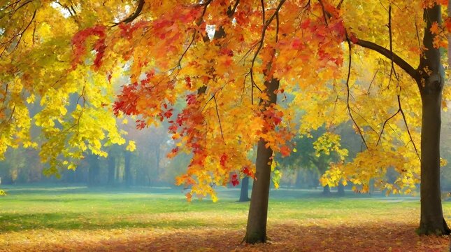 Autumn landscape - trees in the park with colorful autumn leaves.