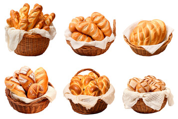 Set of bread in a basket, isolated on transparent background
