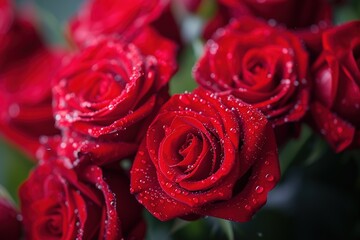 Red Roses in Bloom Valentine's Day a timeless wallpaper showcasing a lush arrangement of these blooms, their petals glistening with dew drops and exuding a sweet fragrance.