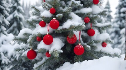Fototapeta na wymiar Snow-Covered Christmas Tree Decorated With Red Ornaments in a Winter Forest