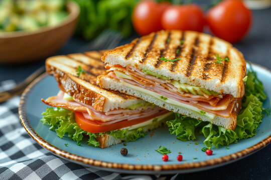 Plate with club sandwich with grilled bread ham