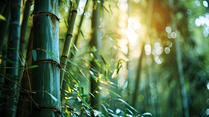 Lush bamboo forest background, dense green bamboo stalks, tranquil nature scene