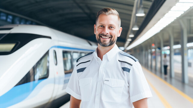 Portrait of smiling male train driver posing in front of high speed train. Subway train. Transportation concept.
