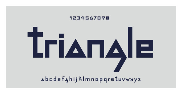 Triangle font. Modern typography for logo design, movies, music, gaming, technology, sport, advertising and web. Minimal type. Small letters and numbers. Geometric alphabet. Vector illustration