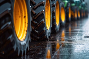 A Row of Yellow Tractors Creating Congestion on Wet Roads, Close-Up View of the Traffic Jam Caused by Agricultural Vehicles Blocking City Streets.